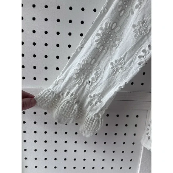 Zara Woman M White Ruffle Eyelet Boho Long SLV Top Shirt Blouse - Picture 5 of 7